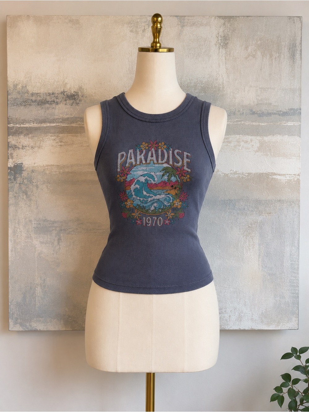 Hollister Paradise 1970 Graphic Ribbed Crop Tank Top Blue Gray Medium Y2K